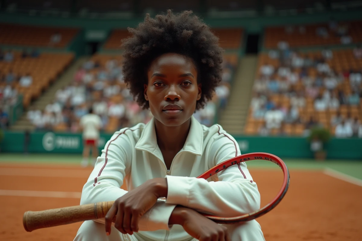 Femme noire assise courtside en tenue vintage tennis