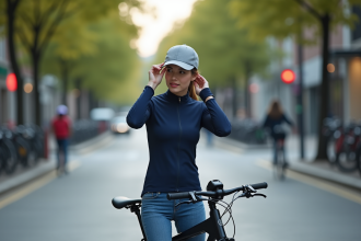 Jeune femme ajustant son casque vélo en ville