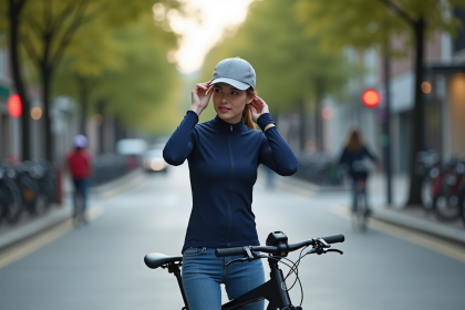 Jeune femme ajustant son casque vélo en ville