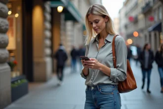 Femme dans la ville regardant son smartphone