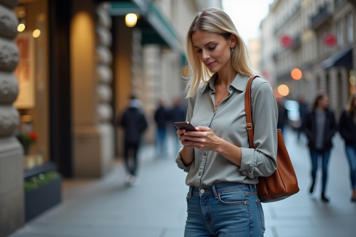 Femme dans la ville regardant son smartphone