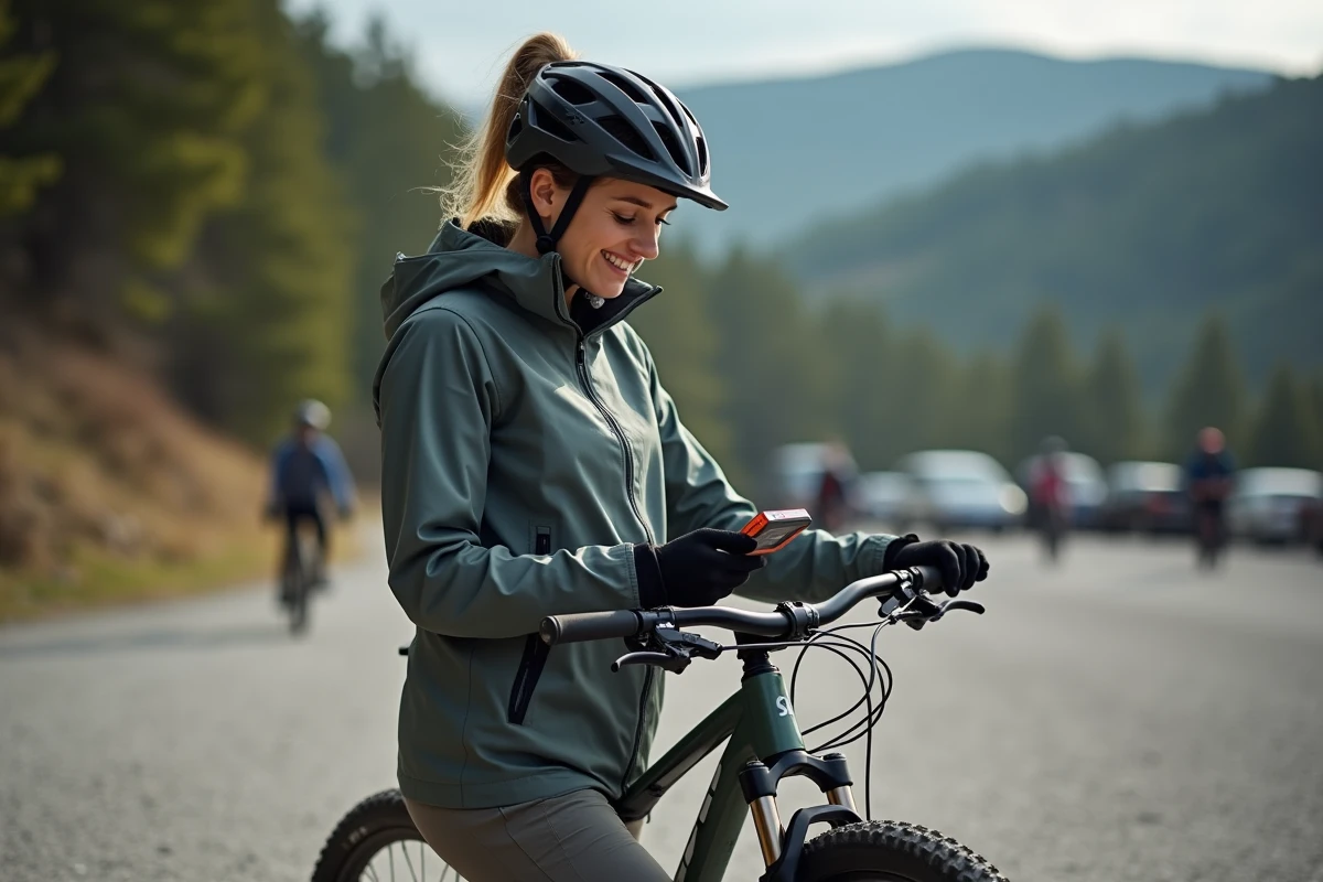Vététiste femme contrôlant la pression des pneus en parking