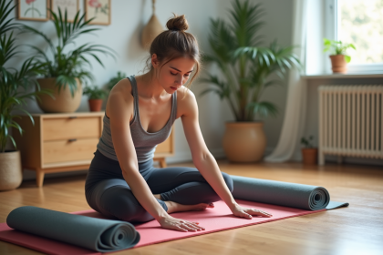 Jeune femme compare deux tapis de yoga dans un salon lumineux