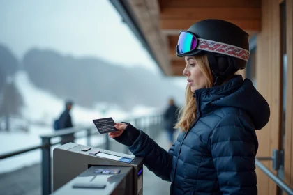 Skieuse tenant son forfait de ski aux deux alpes près d'un portillon d'accès en station de montagne