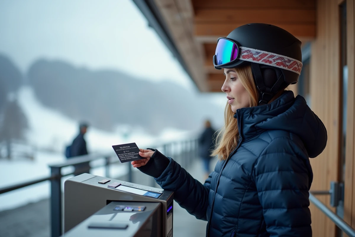 Skieuse tenant son forfait de ski aux deux alpes près d'un portillon d'accès en station de montagne