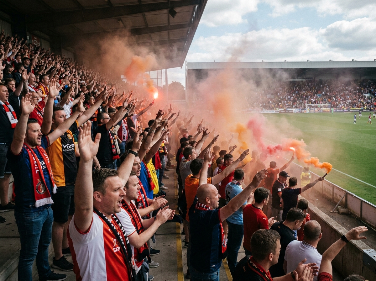 Supporters brandissant des fumigènes colorés dans les tribunes d'un stade de football lors d'un match animé