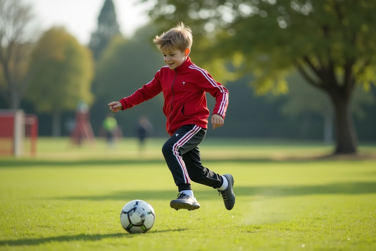 Jeune garçon en tenue de sport qui frappe un ballon de football dans un parc vert