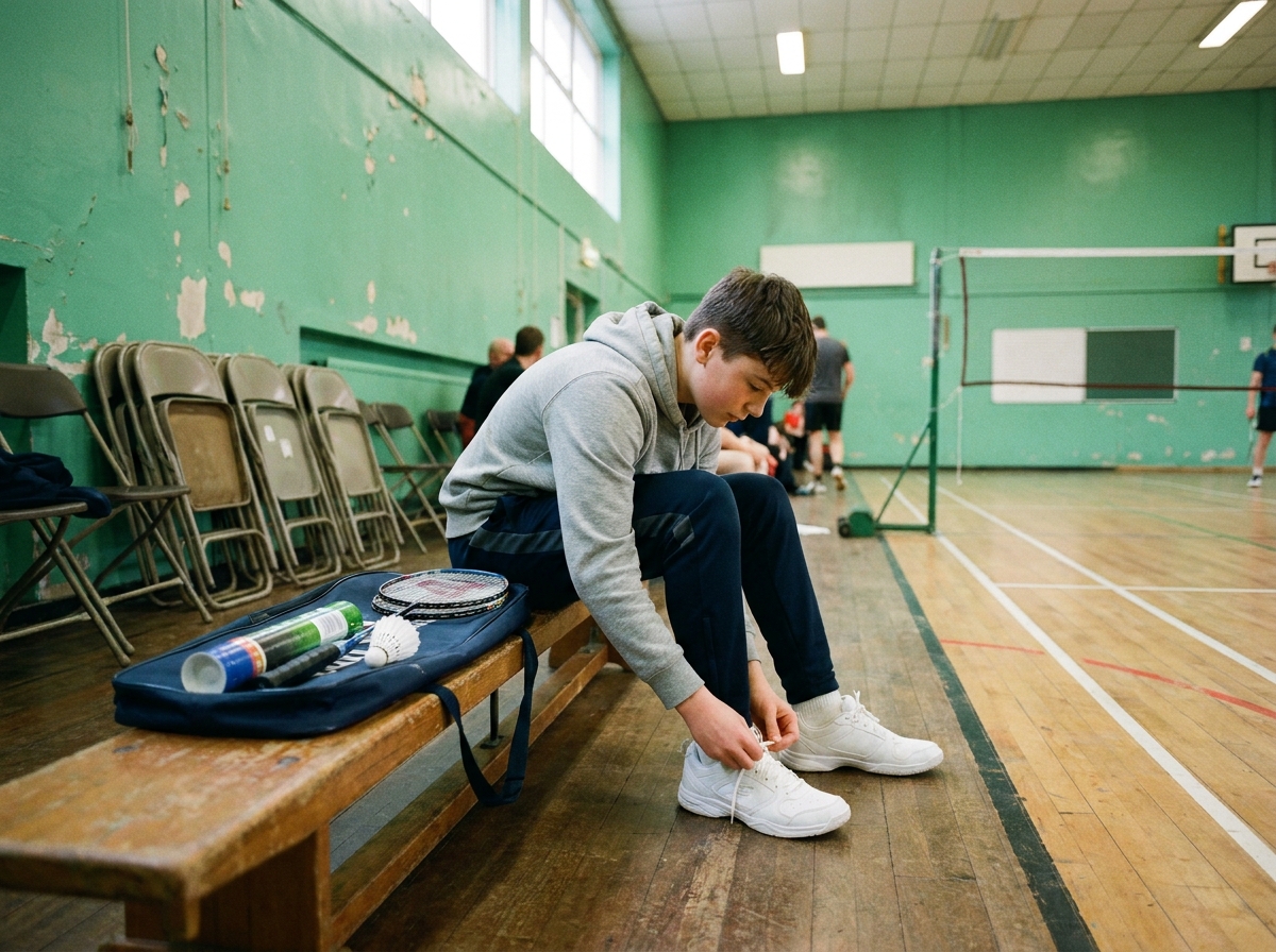 Gar&ccedil;on de 15 ans nouant ses chaussures de badminton dans une salle
