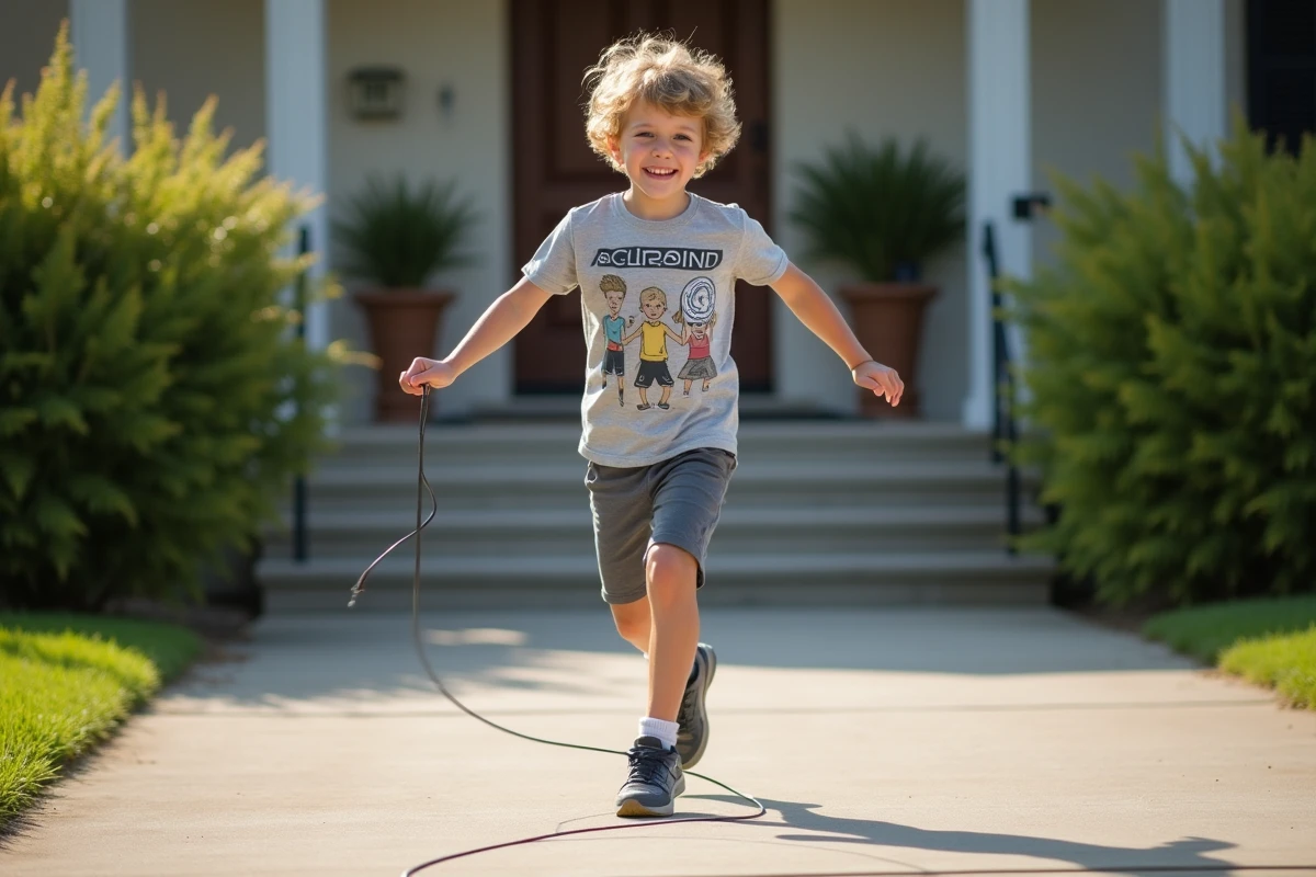 Gar&ccedil;on sautant &agrave; la corde devant sa maison dans une ambiance famili&egrave;re