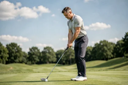 Golfeur masculin en polo gris travaillant sa technique de swing sur un fairway verdoyant pour améliorer son index au golf