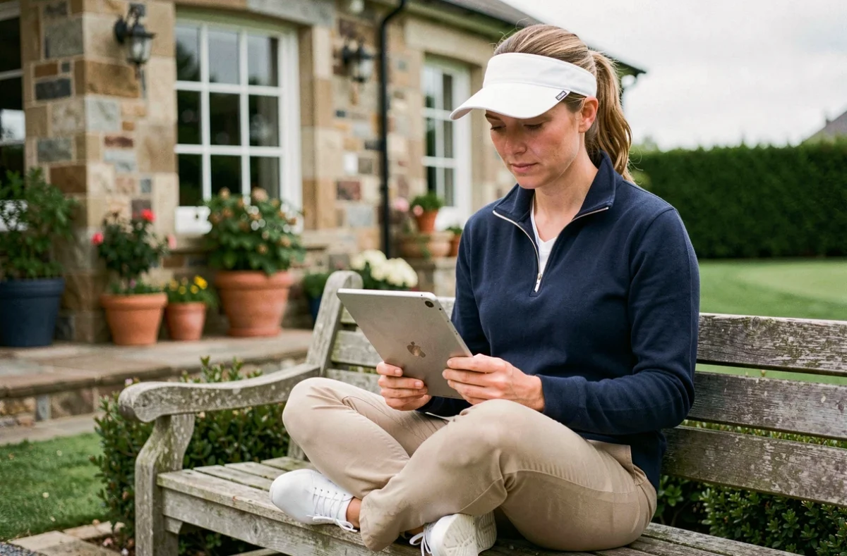 Golfeuse consultant un blog de conseils golf sur tablette près du club house pour progresser et baisser son handicap