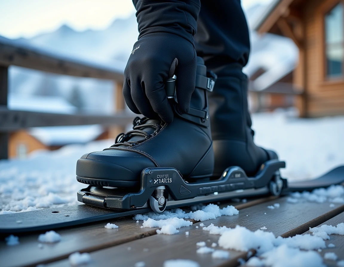 Gros plan sur le système de fixation d'une patinette ski avec chaussure de ski en cours d'emboîtement sur un pont en bois enneigé