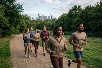 Groupe de coureurs divers dans un parc en pleine course