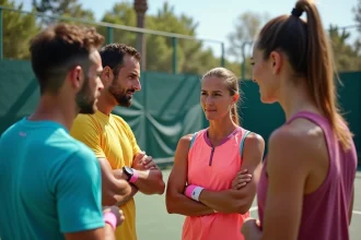 Groupe de joueurs padel discutant stratégie sur le terrain