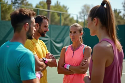 Groupe de joueurs padel discutant stratégie sur le terrain