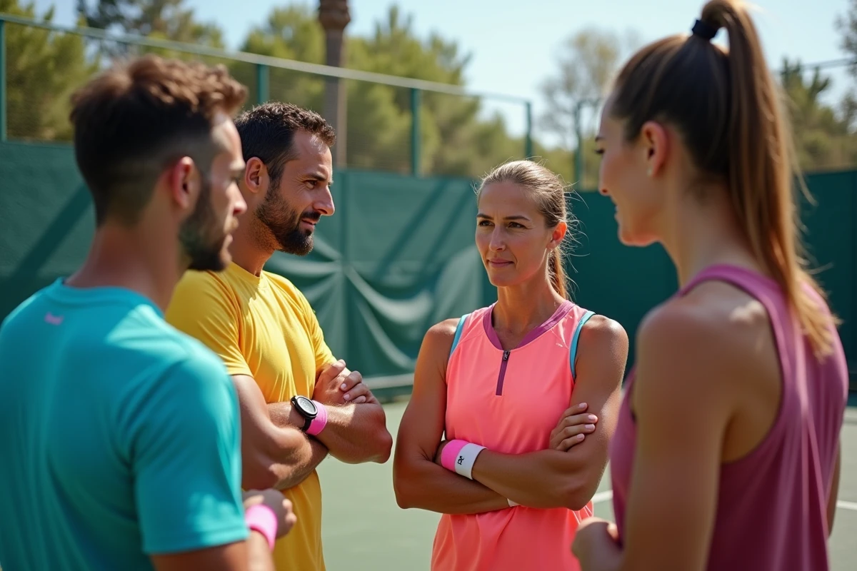 Groupe de joueurs padel discutant stratégie sur le terrain