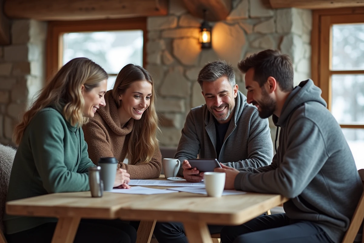 Groupe de voyageurs planifiant leur programme sport et bien-être autour d'une table dans un chalet de montagne avec Sportrip