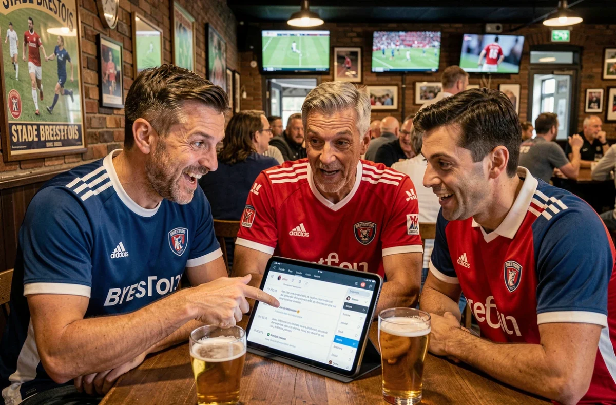 Groupe de supporters brestois suivant les commentaires en direct du match sur un forum via tablette dans un bar sportif