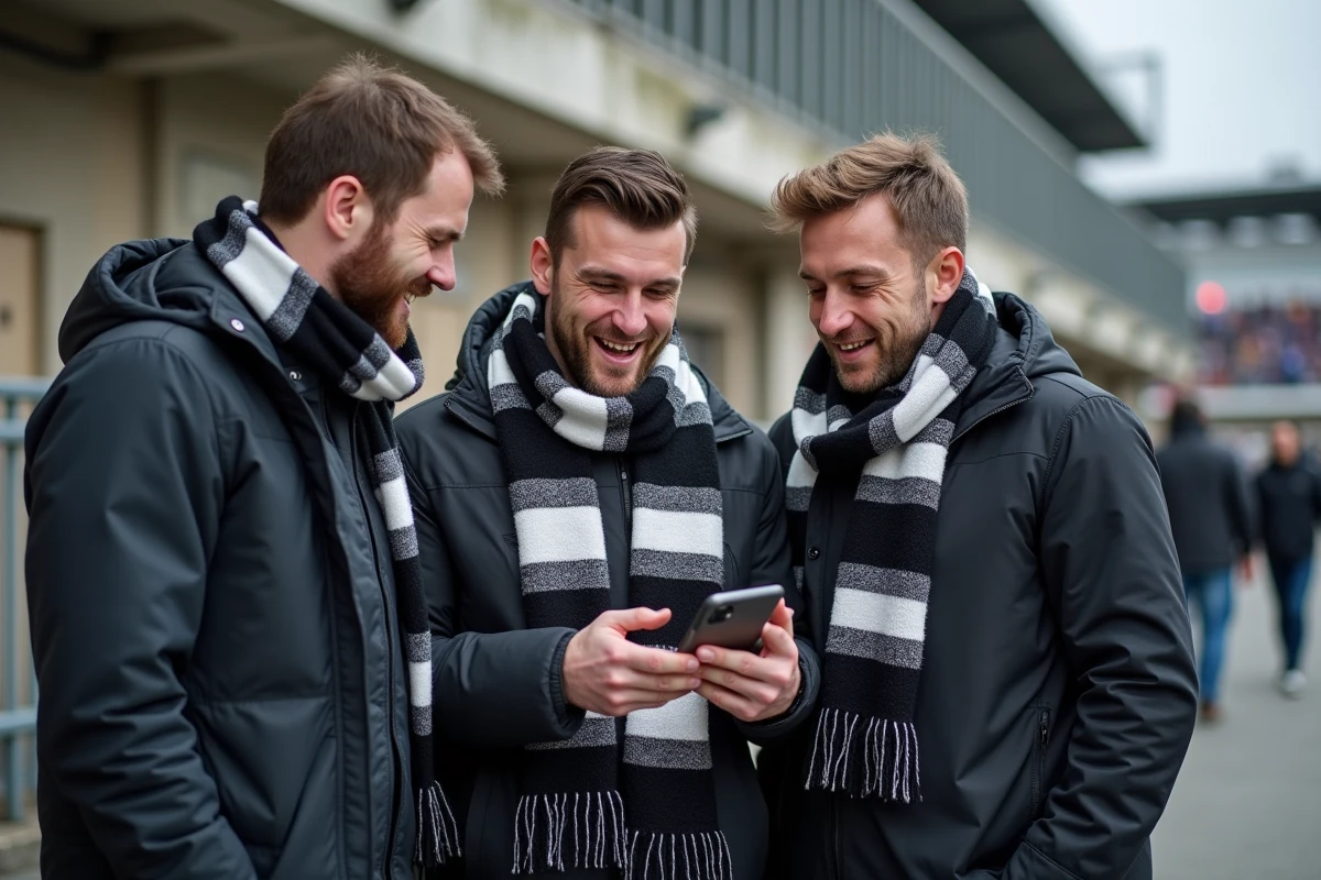 Groupe de supporters du CA Brive consultant les actualités du club sur smartphone avant un match