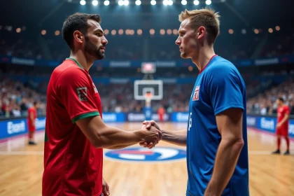 Deux handballeurs serrent la main en match