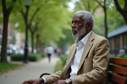 Homme âgé africain en costume beige dans un parc urbain