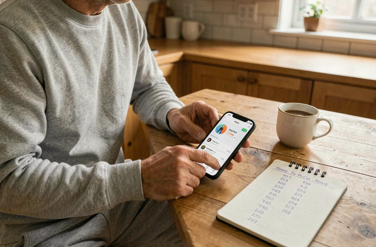 Homme consultant une application de conversion de pas en kilomètres sur smartphone à la maison le matin