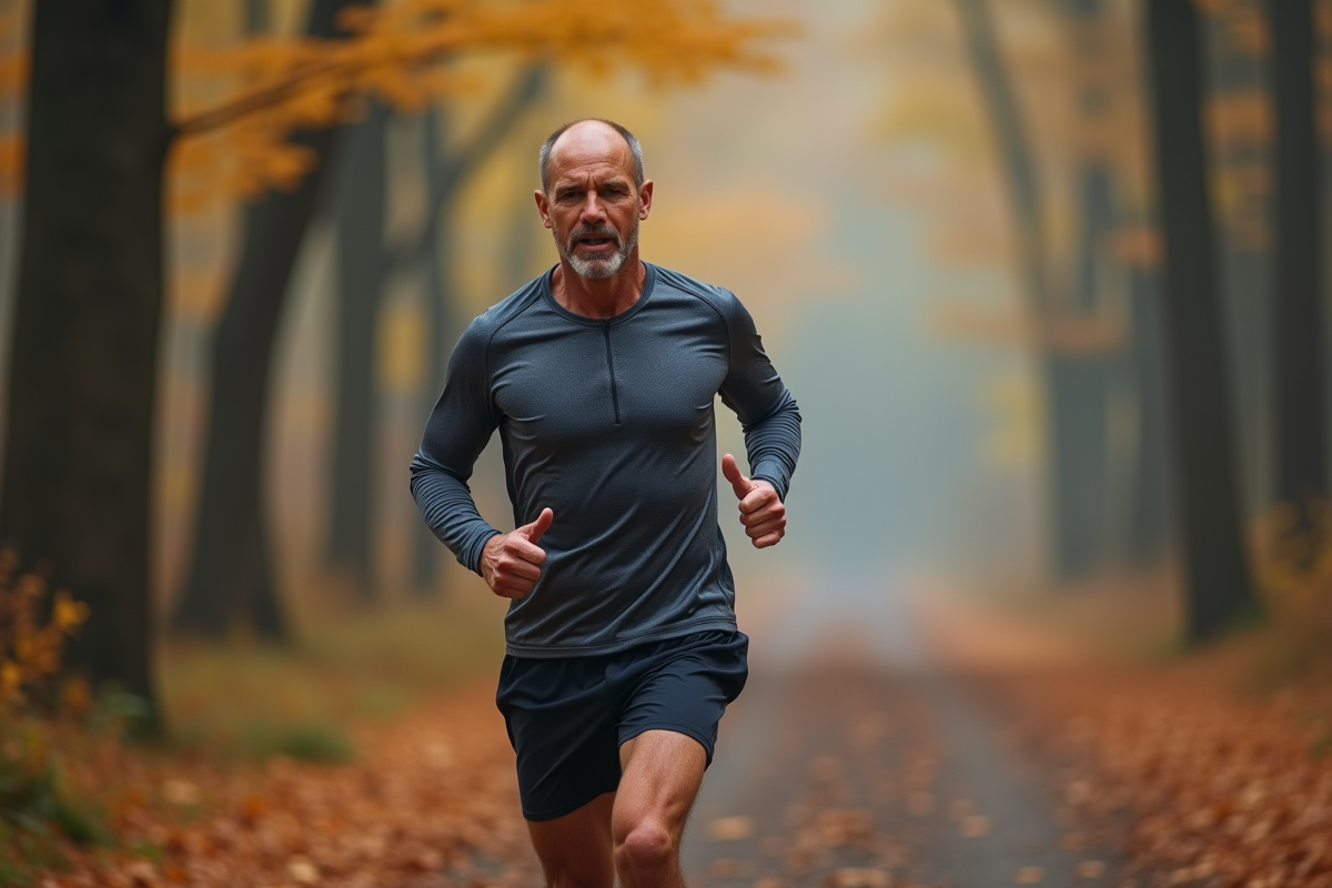 Homme en pleine course sur un sentier forestier en automne