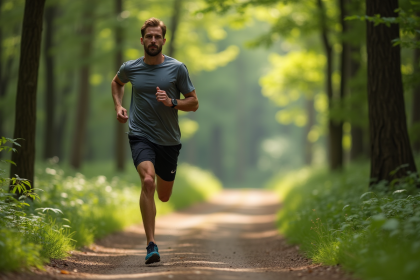Homme en course dans la forêt verte au petit matin