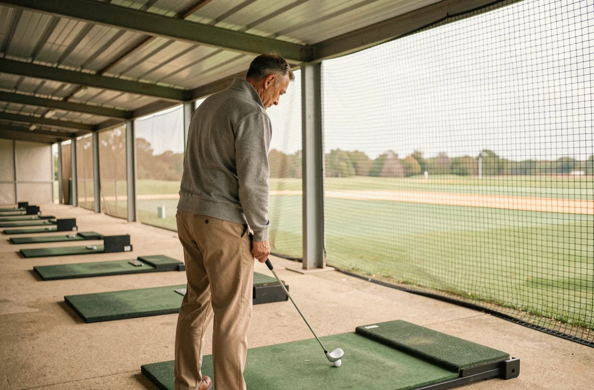 Homme débutant au golf hésitant avant un swing au practice de golf