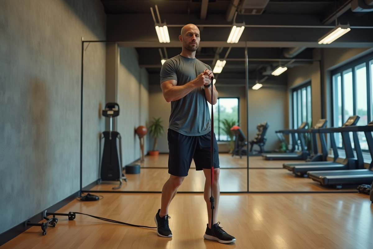 Homme en mouvement avec bande de résistance dans salle de sport