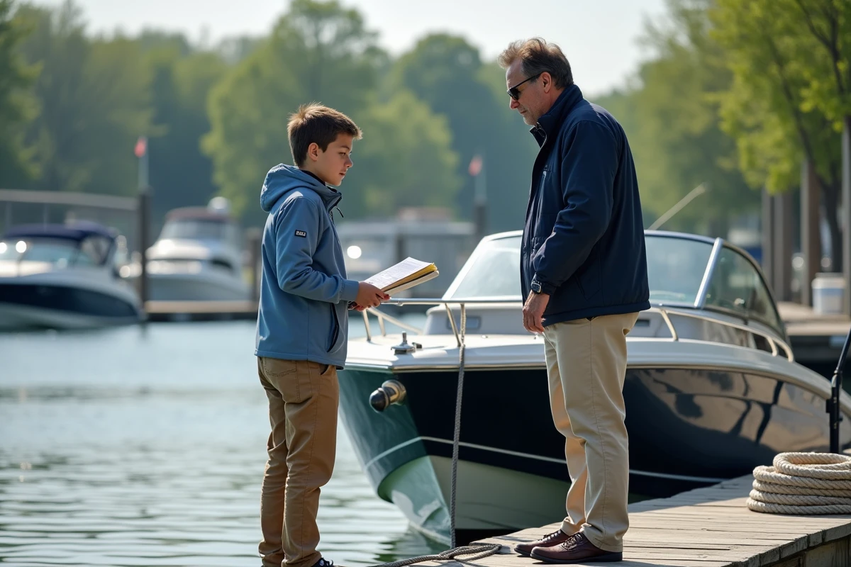 Homme expliquant les commandes du bateau à un adolescent