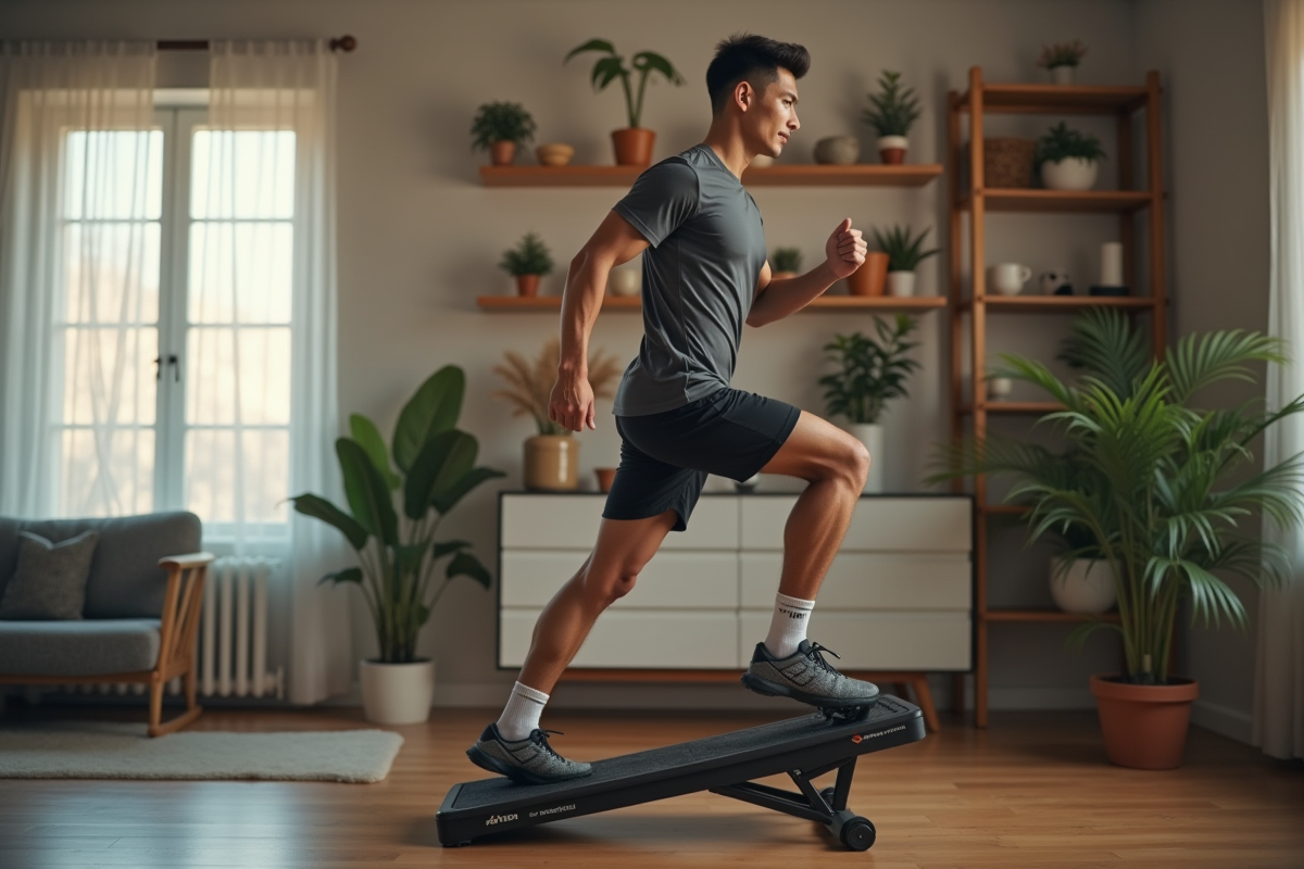 Jeune homme faisant du stepper dans un intérieur cosy