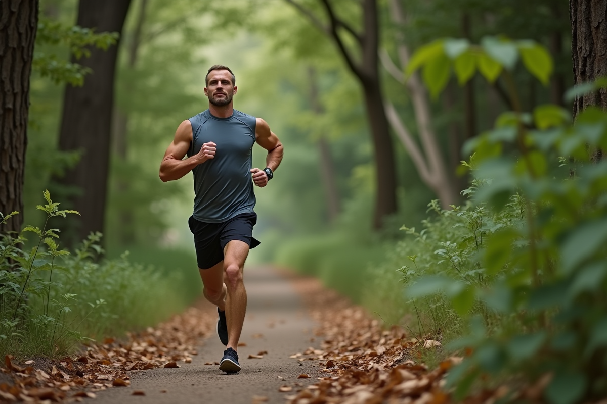 Homme courant sur un sentier forestier en pleine nature