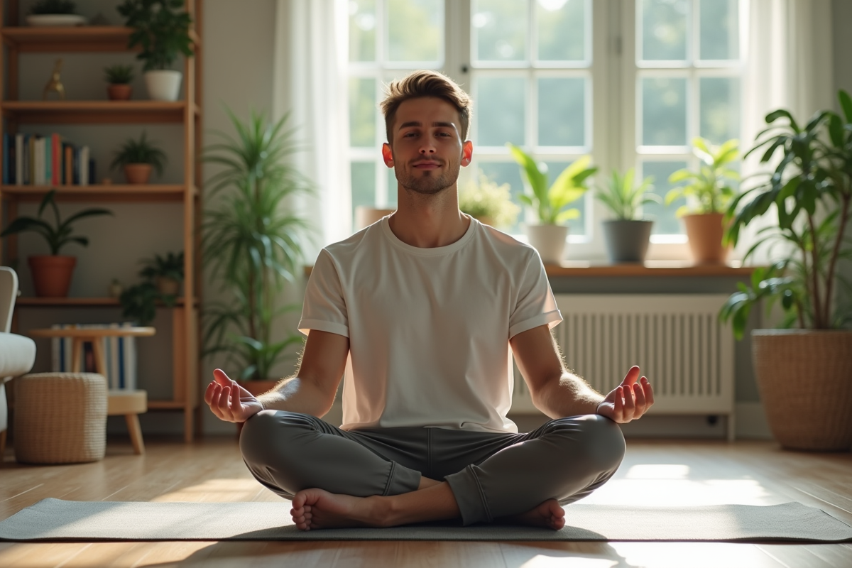 Jeune homme méditant dans un salon lumineux et moderne