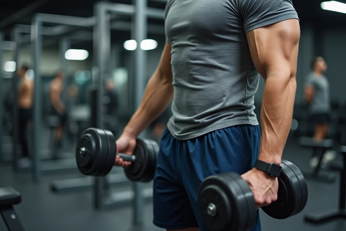 Jeune homme musclé faisant des curls avec haltère en salle