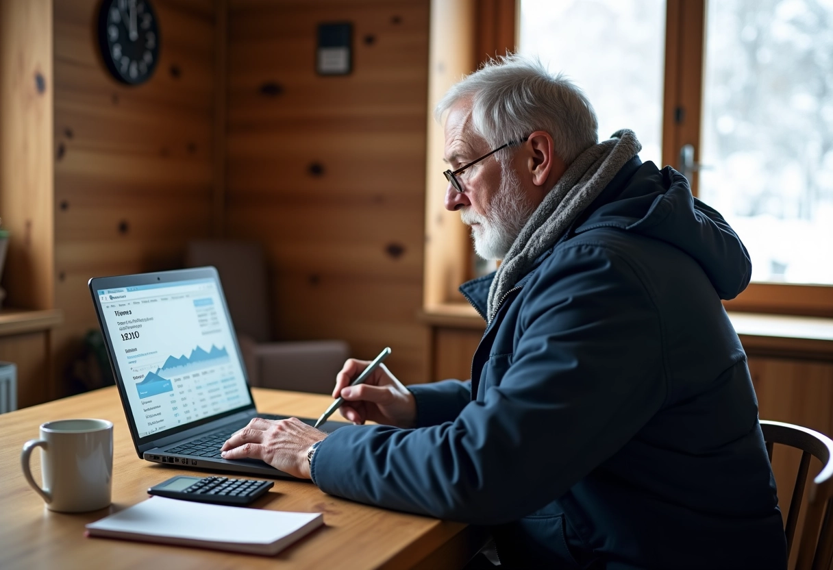 Homme analysant les prix de ski &agrave; Tignes dans sa cuisine