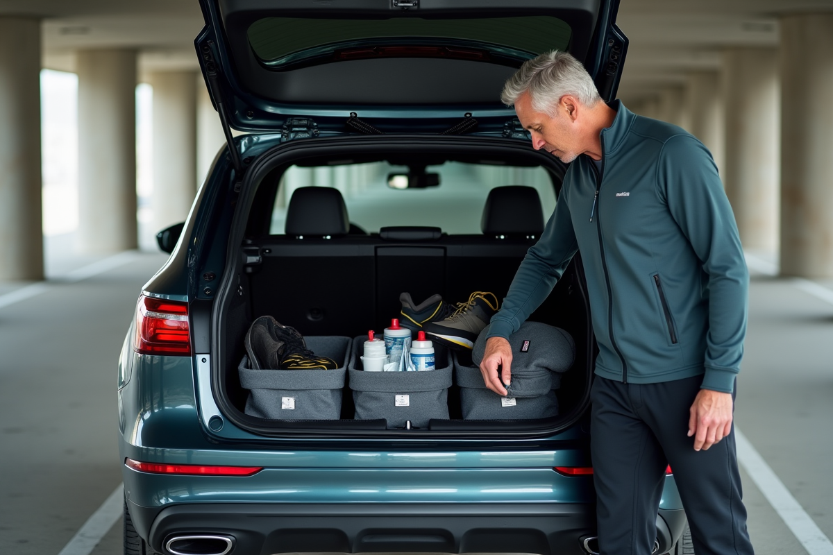 Homme organise accessoires de sport dans le coffre de sa voiture
