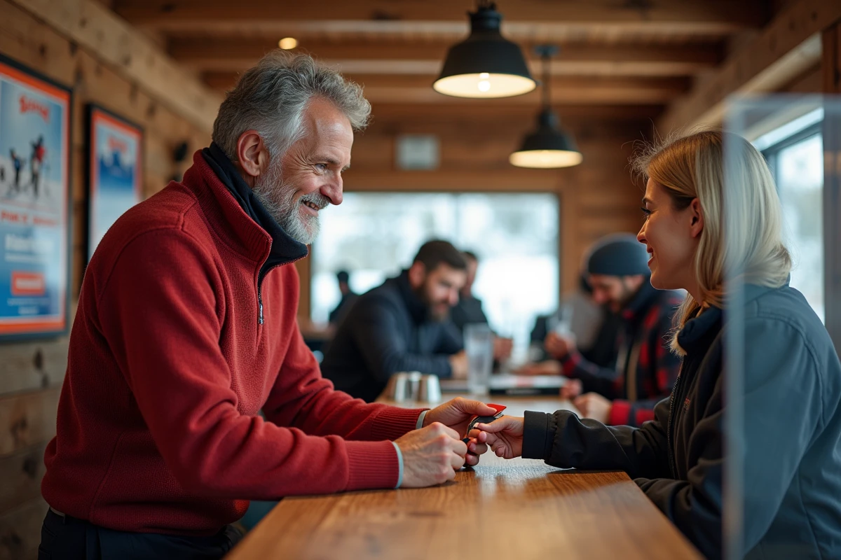 Homme d age payant au guichet ski Deux Alpes