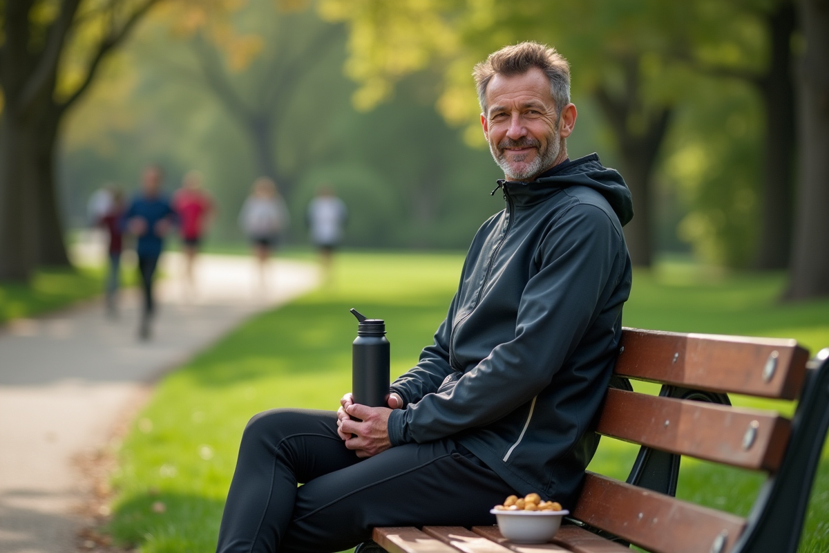 Homme en pause dans un parc vert avec bouteille d