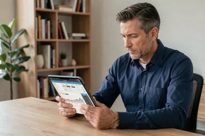 Homme consultant des statistiques de paris au trot sur une tablette dans un bureau à domicile sécurisé