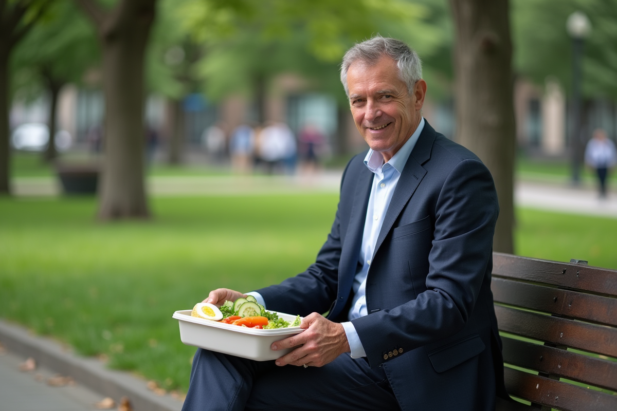 Homme en costume mangeant des légumes dans un parc urbain