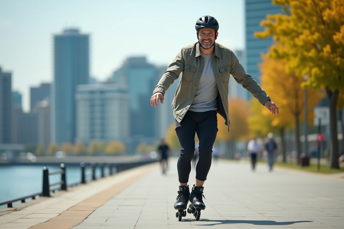 Homme d age en roller sur une promenade urbaine
