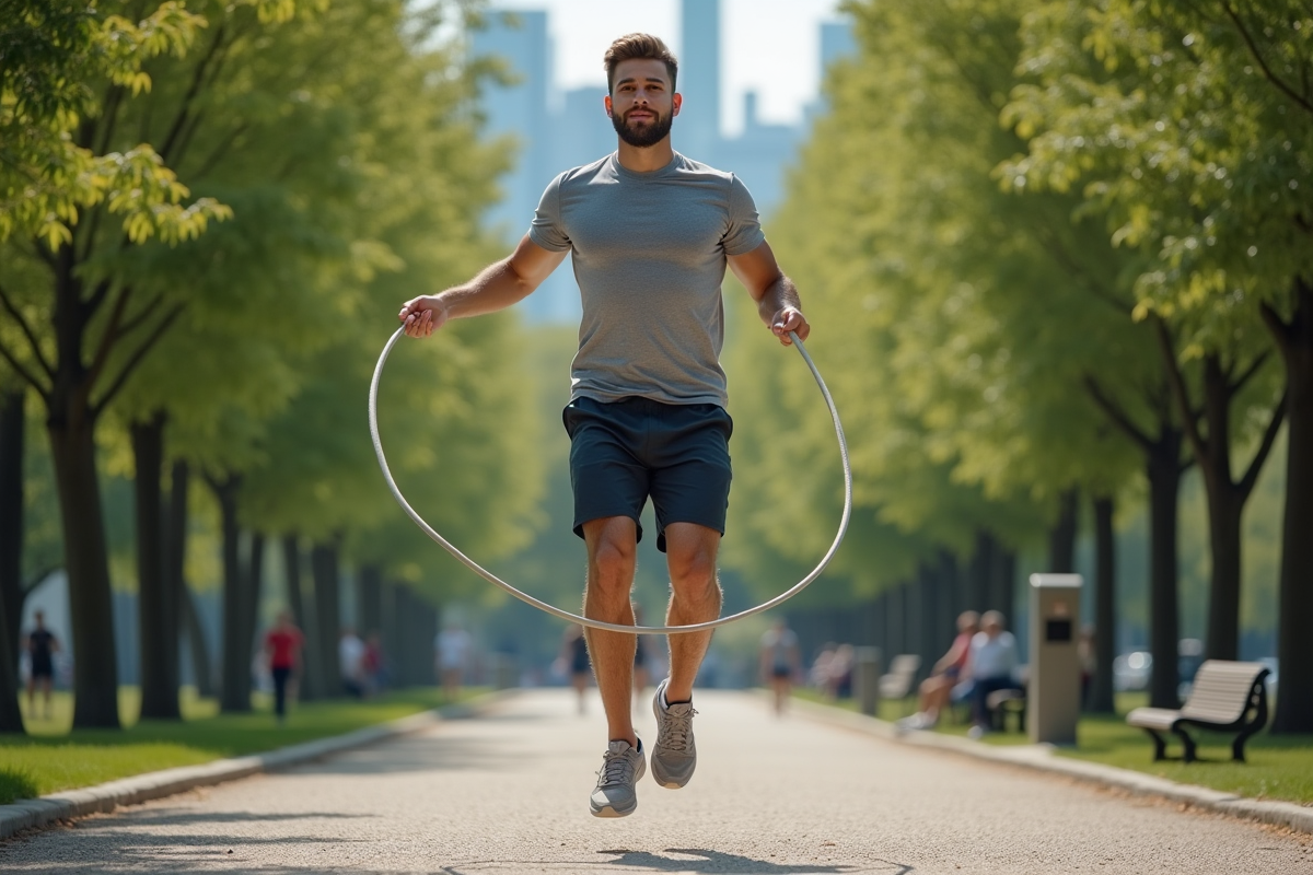 Homme sautant à la corde dans un parc urbain