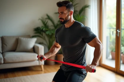Homme en entraînement avec bande de résistance dans un salon lumineux