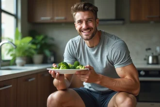 Jeune homme en salle de sport avec brocoli