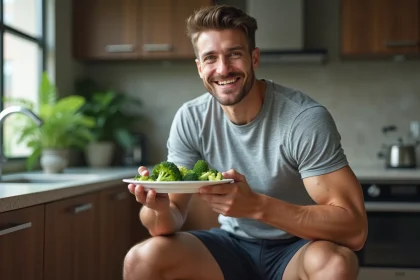 Jeune homme en salle de sport avec brocoli