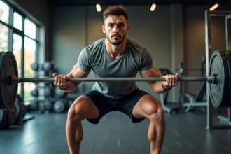 Jeune homme en pleine squat en salle de sport