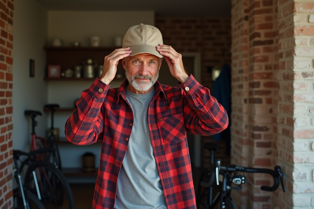 Homme en flanelle rouge préparant son casque dans son appartement