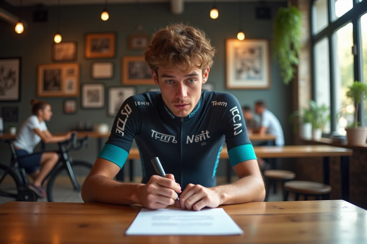 Jeune cycliste regardant son contrat dans un café