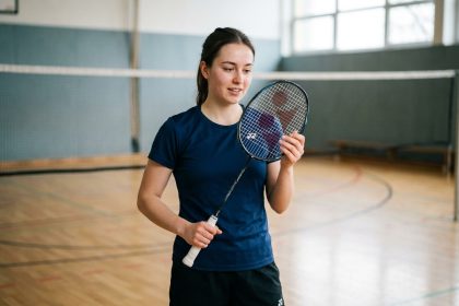 Jeune femme inspectant son raquette de badminton dans un gymnase